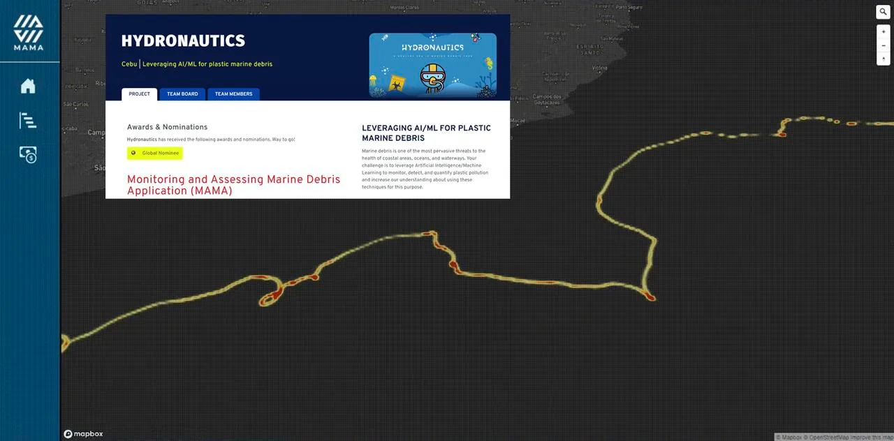 NASA Space Apps Challenge 2021 presentation slide describing the M.A.M.A. marine-debris heatmap with community reporting.