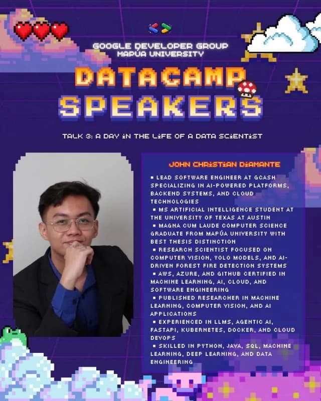 DataCamp speaker card introducing JC Diamante for A Day in the Life of a Data Scientist