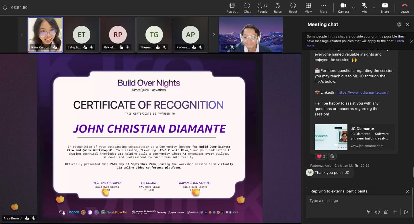Screenshot of JC Diamante receiving a Build Over Nights certificate of recognition during the online Kiro workshop