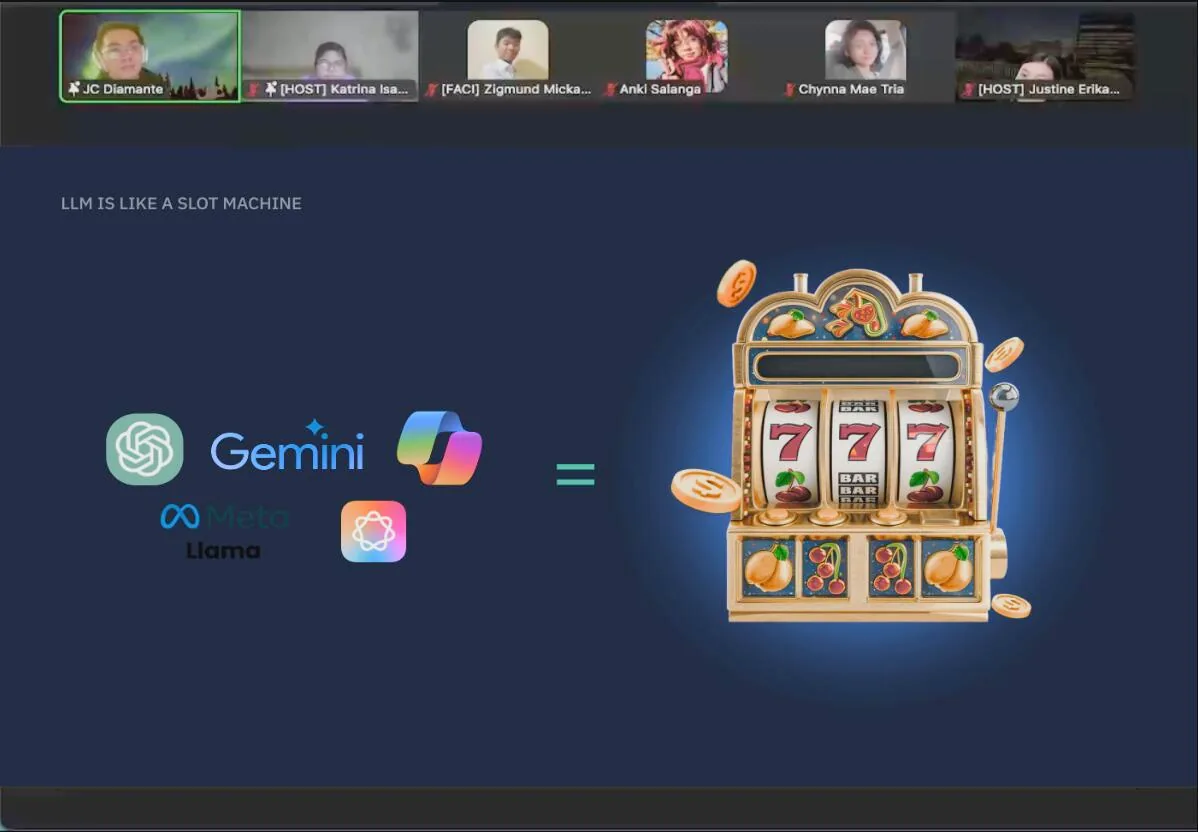 JC Diamante presenting a slide comparing language models to a slot machine during the LSCS workshop
