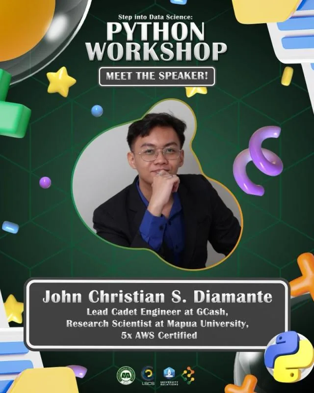 LSCS Step into Data Science Python Workshop speaker card featuring JC Diamante